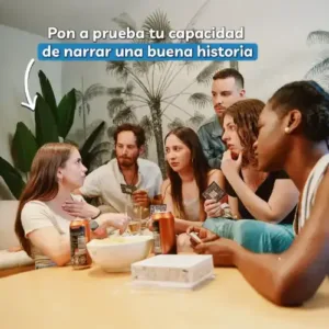 amigos sentados en living jugando cuentero
